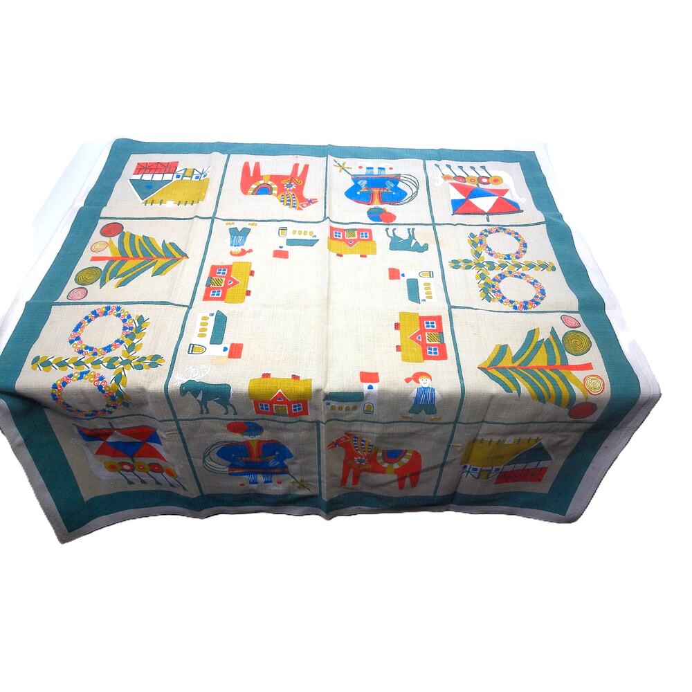 Vintage Swedish Folk Art Tablecloth Dala Horse Textile READ